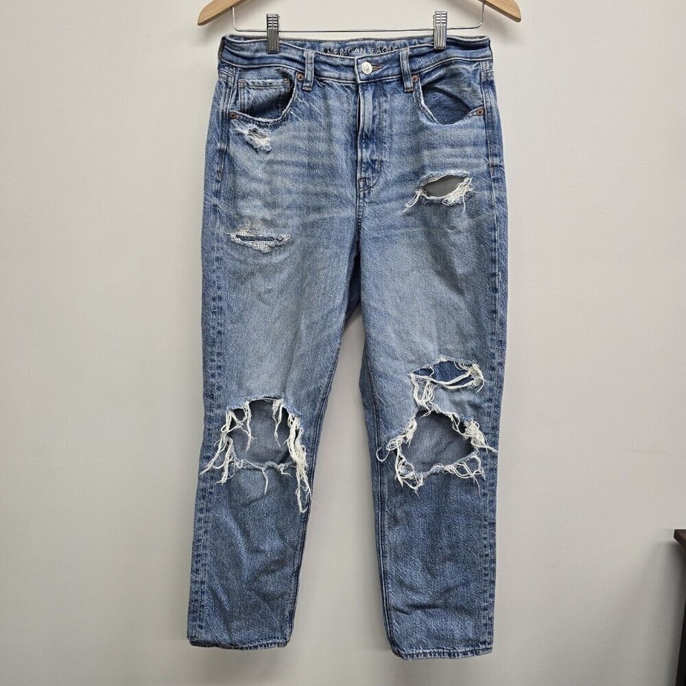 American Eagle Mom Jeans Blue Denim Womens Size 8 Distressed Destroyed High Rise
